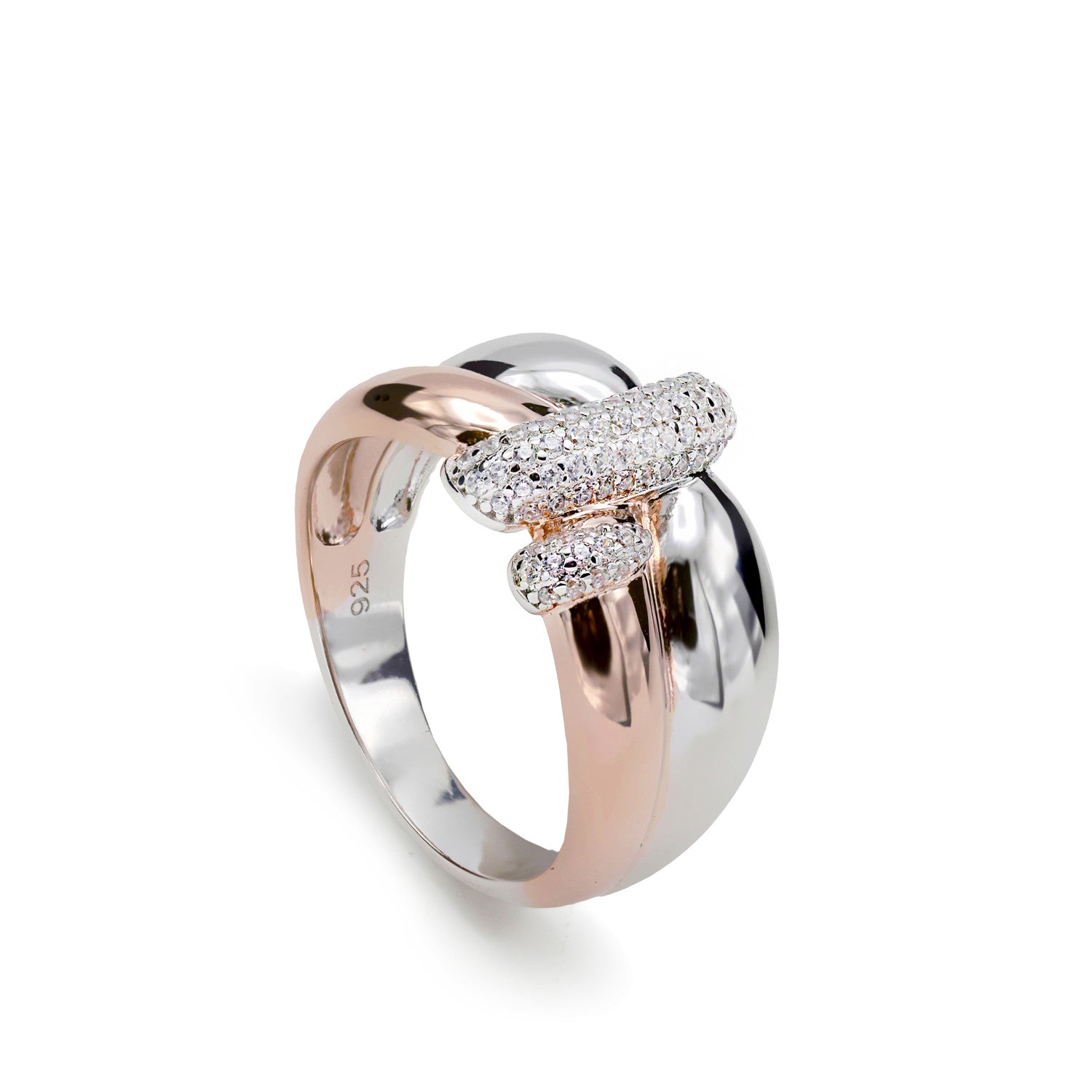 Anillos bicolor diseño irregular abrazados por un carril de circonitas-LINEARGENT