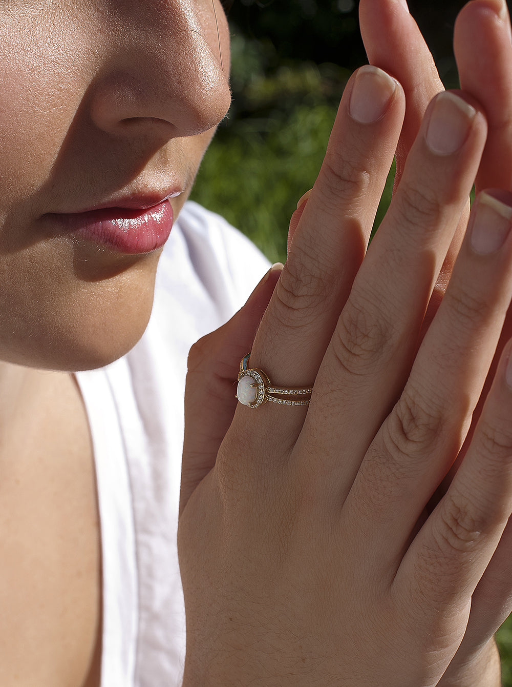 Anneaux zircons de argent plaqué or design opale et double rail