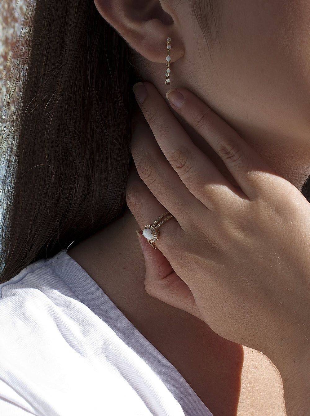 Anneaux zircons de argent plaqué or design opale et double rail