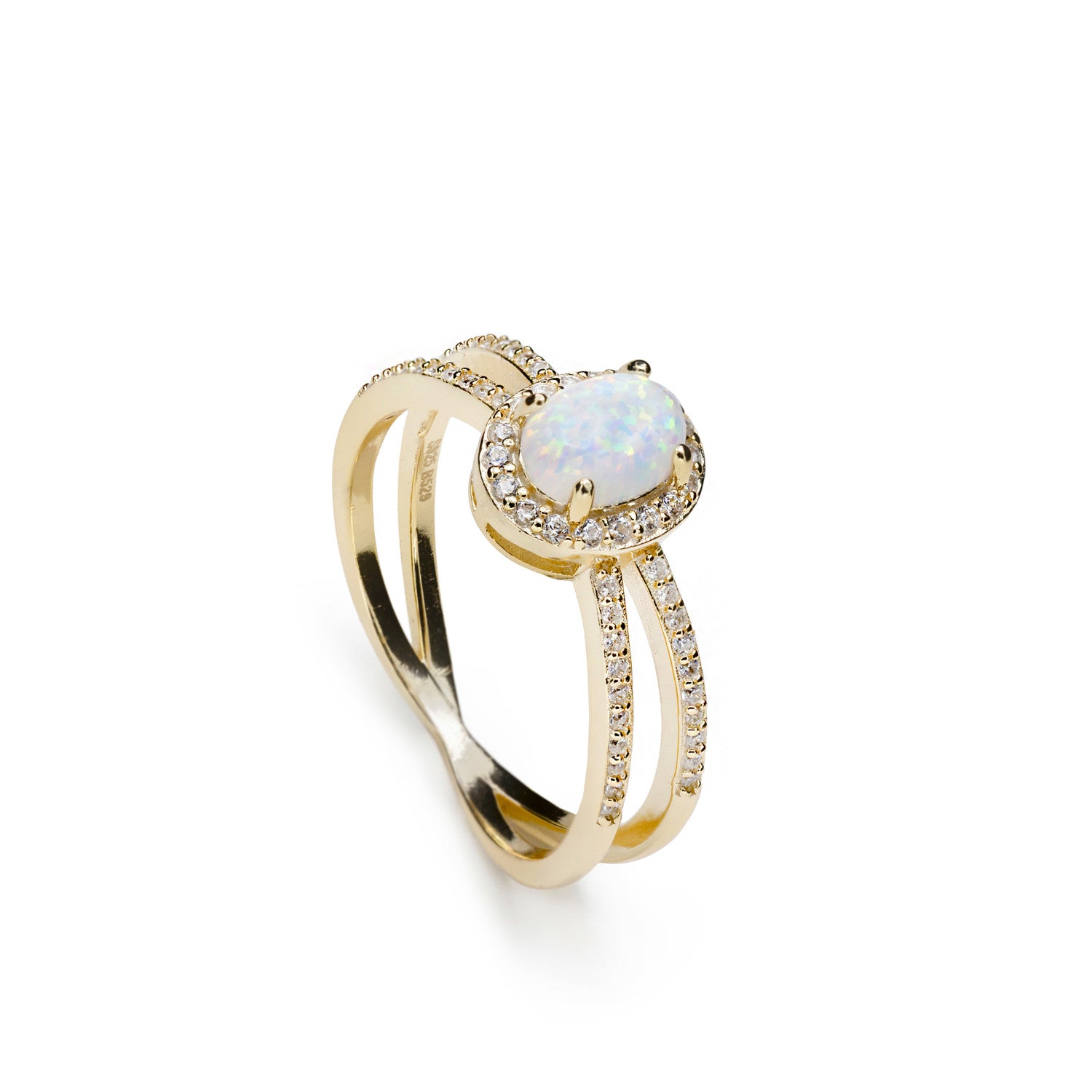 Anillos circonitas de plata bañada en oro diseño ópalo y doble raíl-LINEARGENT