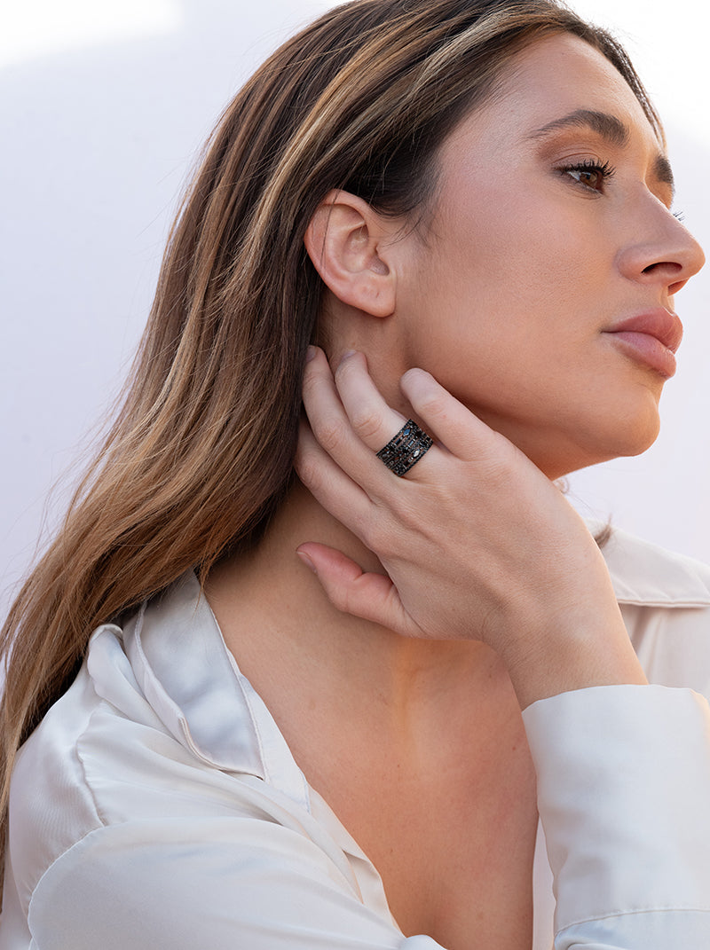 Anillos circonitas de plata color negro diseño ancho