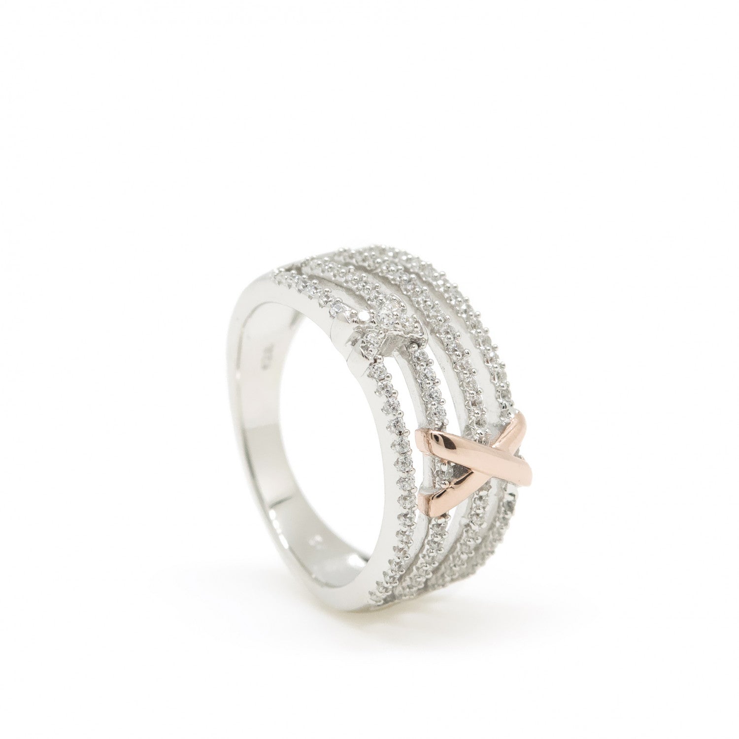 Anillos circonitas de plata con grapa cruzada-LINEARGENT