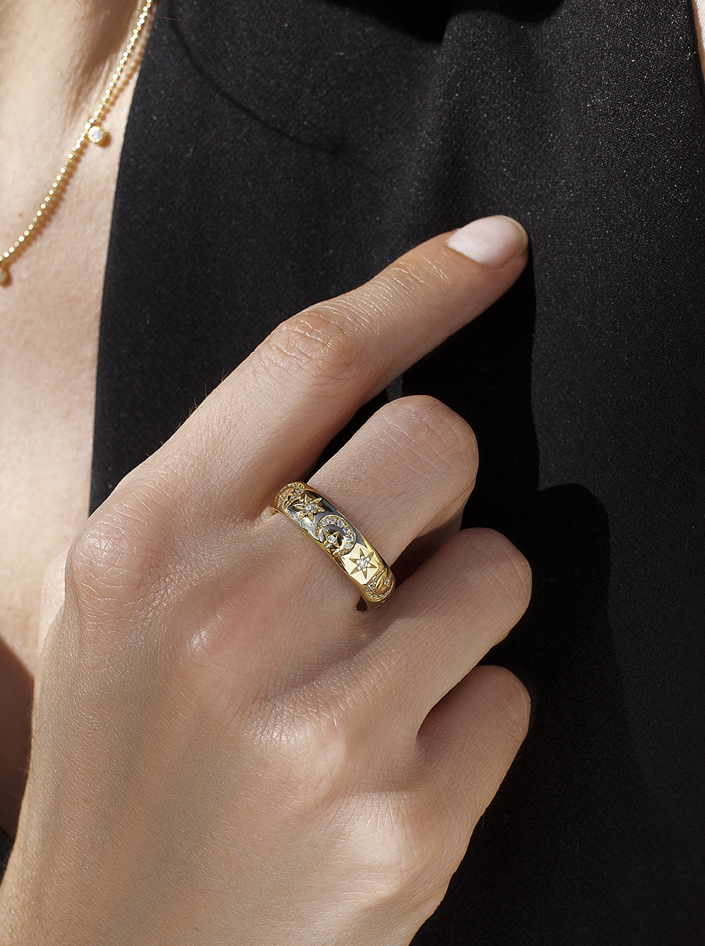 Anillos circonitas de plata con motivo de luna y estrellas-LINEARGENT