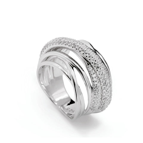 Anillos circonitas de plata con varios raíles de circonita y plata lisa