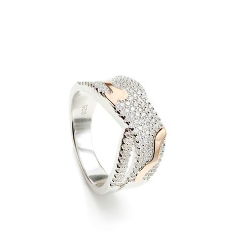 Anillos circonitas de plata diseño bicolor cruzado-LINEARGENT