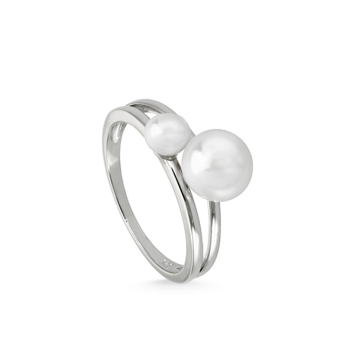 Anillos con perlas de plata con doble raíl y doble perla-LINEARGENT