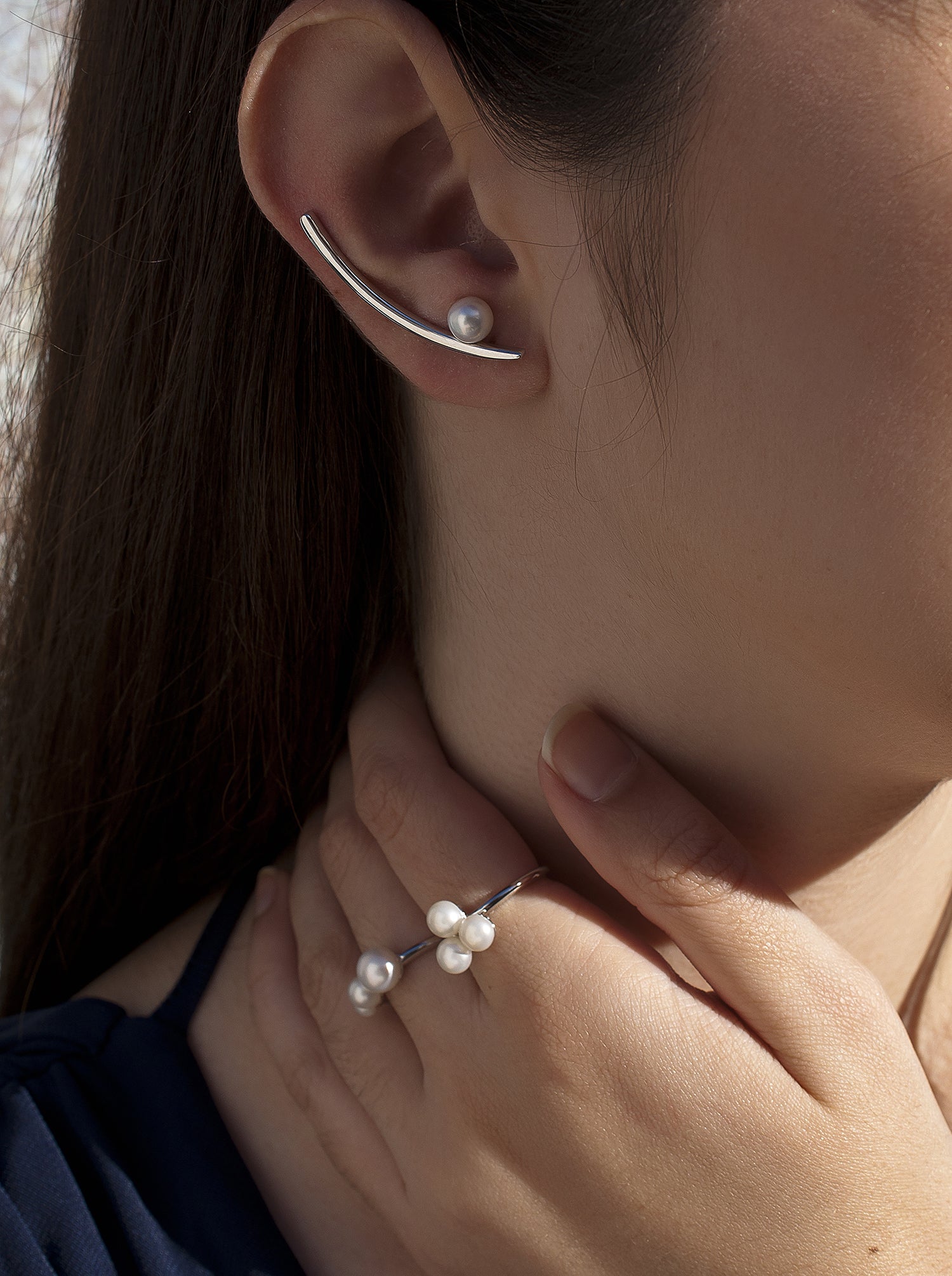 Anillos con perlas de plata diseño clásico con tres perlas-LINEARGENT