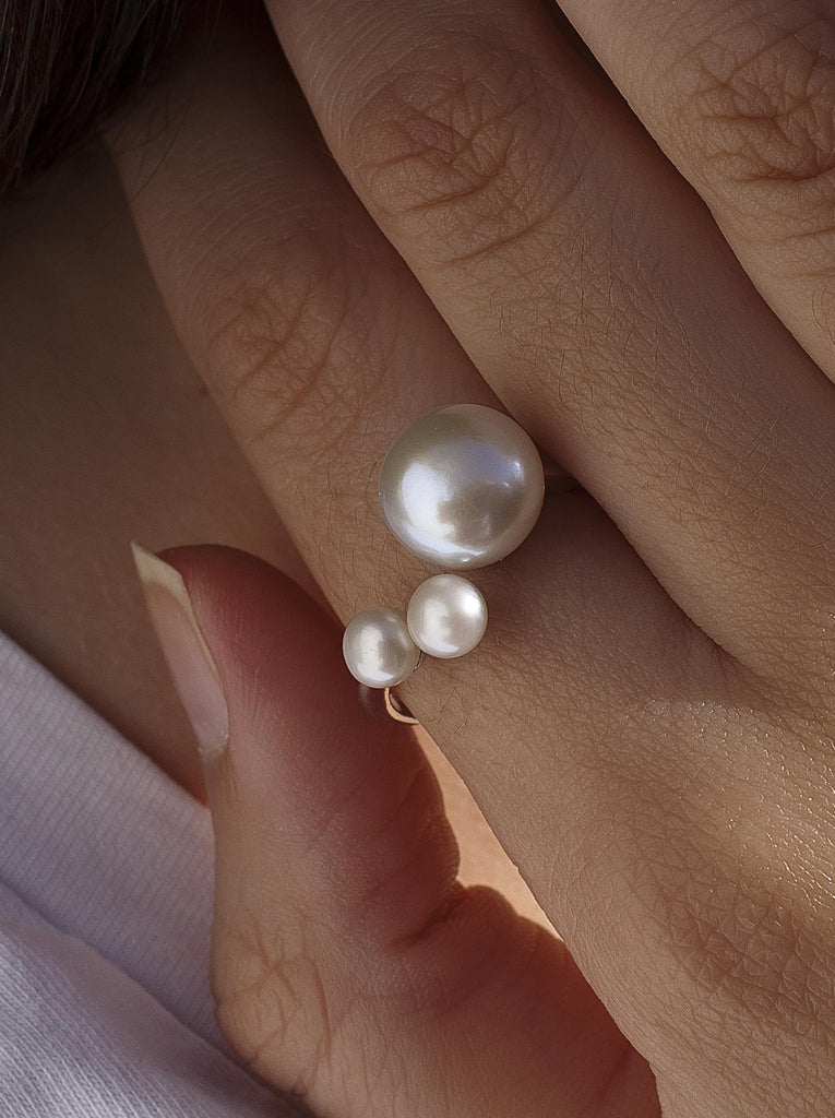 Anillos con perlas de plata diseño triple perla abierto-LINEARGENT