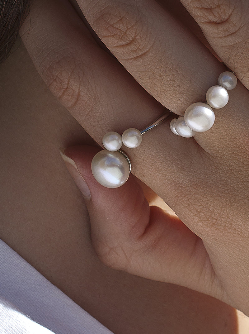 Anillos con perlas de plata diseño triple perla abierto-LINEARGENT