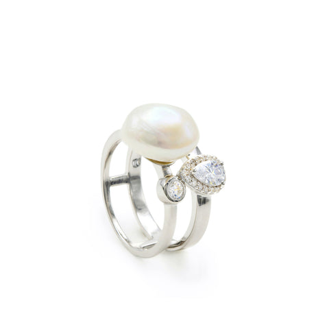 Anillos con perlas diseño doble con cuarzo adamantino-LINEARGENT
