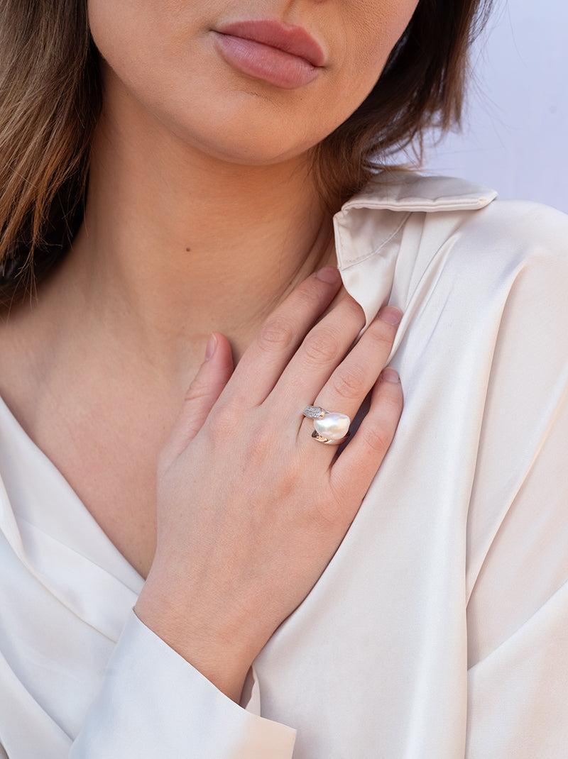 Anillos con perlas plata doble línea de circonitas-LINEARGENT