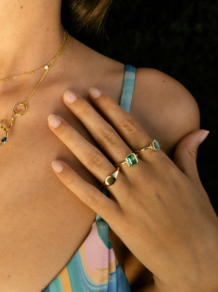 Anillos con piedras de plata baño dorado tono aguamarina