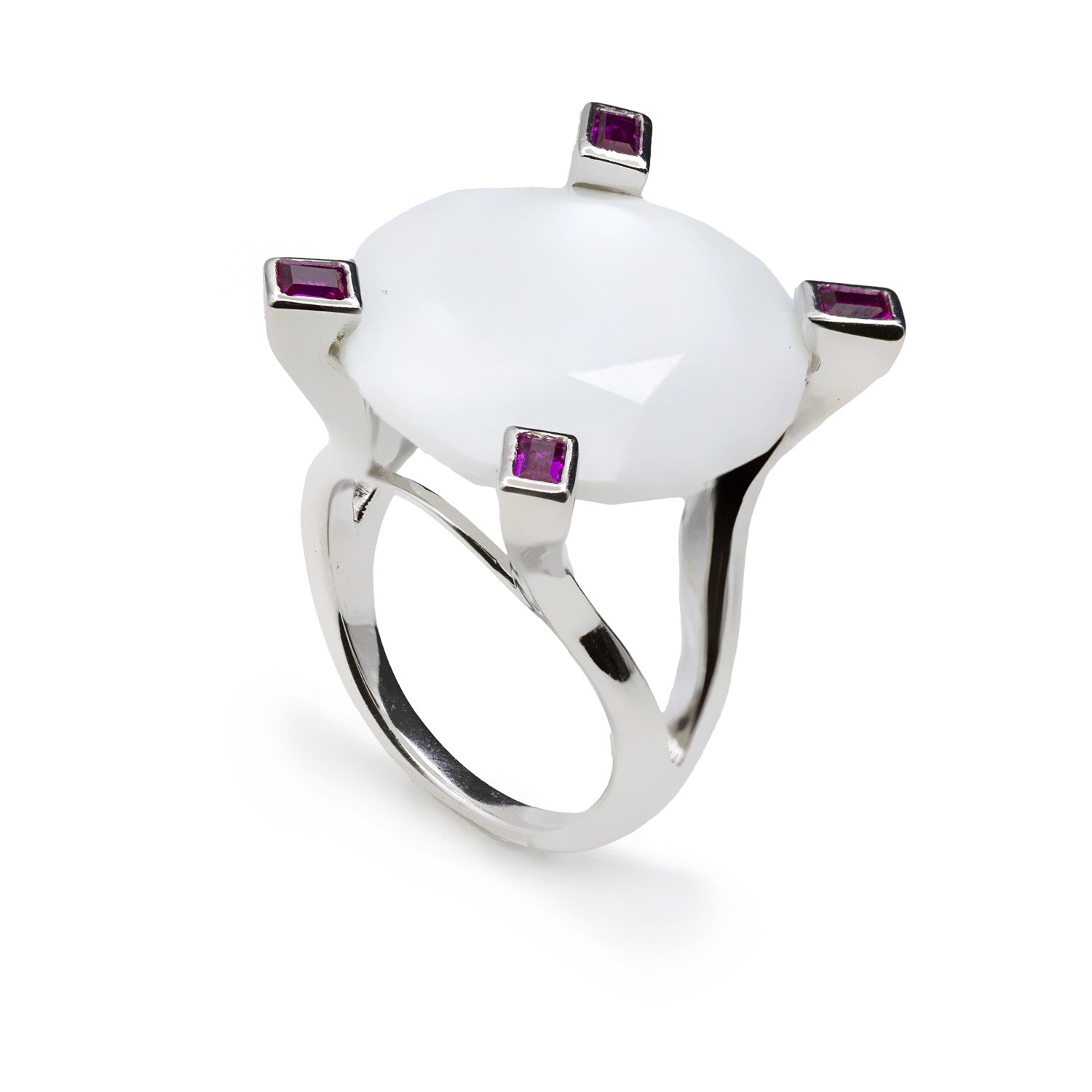 Anillos con piedras diseño facetado en tono blanco y fucsia-LINEARGENT