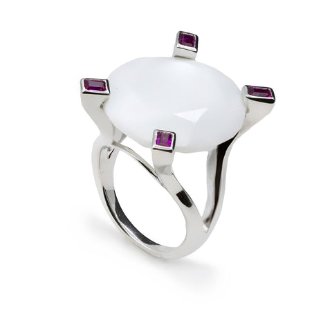 Anillos con piedras diseño facetado en tono blanco y fucsia-LINEARGENT