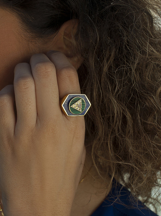 Anillos con piedras formados por lapislazuli malaquita y circonita-LINEARGENT