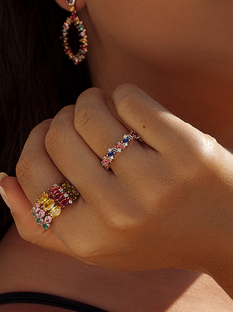 Anillos con piedras multicolor de plata bañada en oro-LINEARGENT
