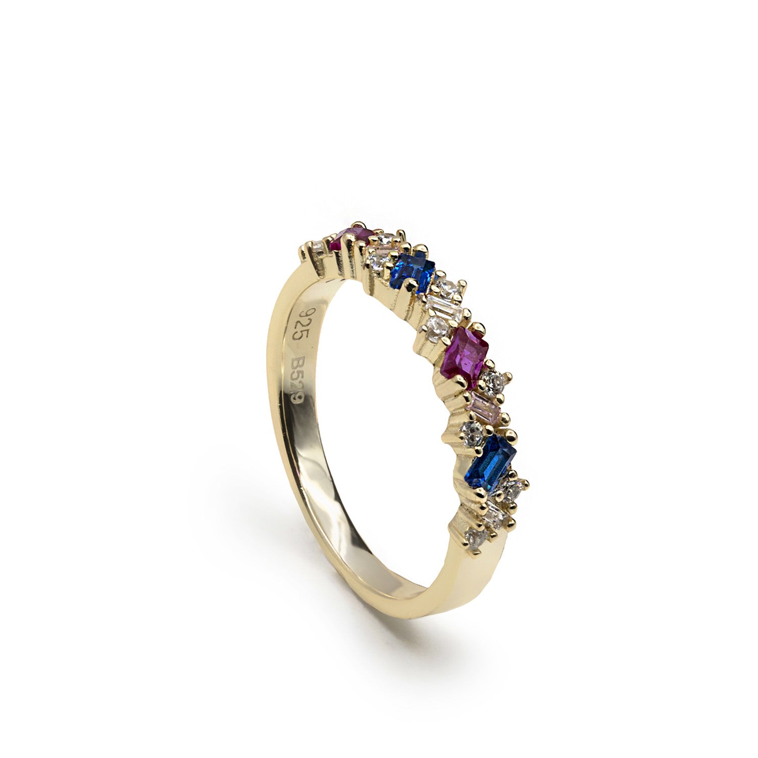 Anillos con piedras multicolor de plata bañada en oro-LINEARGENT