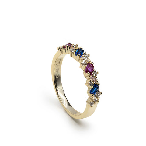 Anillos con piedras multicolor de plata bañada en oro-LINEARGENT