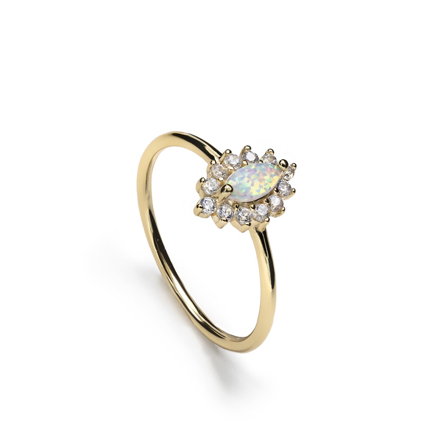 Anillos finos de plata bañada en oro con ópalo y circonitas diseño floral-LINEARGENT