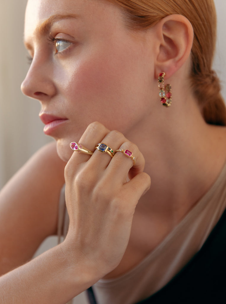 Thin silver Rings design gem tone fuchsia and zirconias
