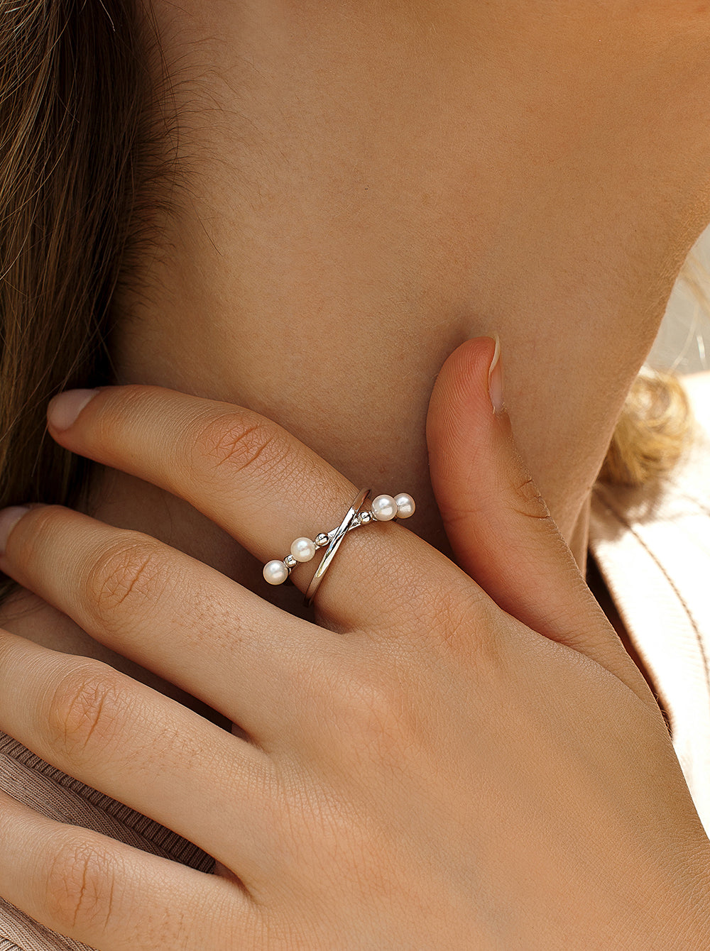 Anillos finos diseño cruzado con perlas y esferas-LINEARGENT