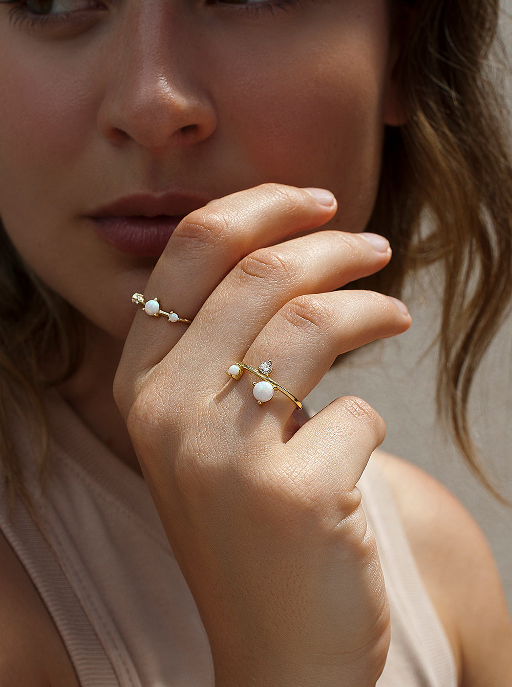 Anillos finos diseño de doble sortija con gemas y circonitas-LINEARGENT