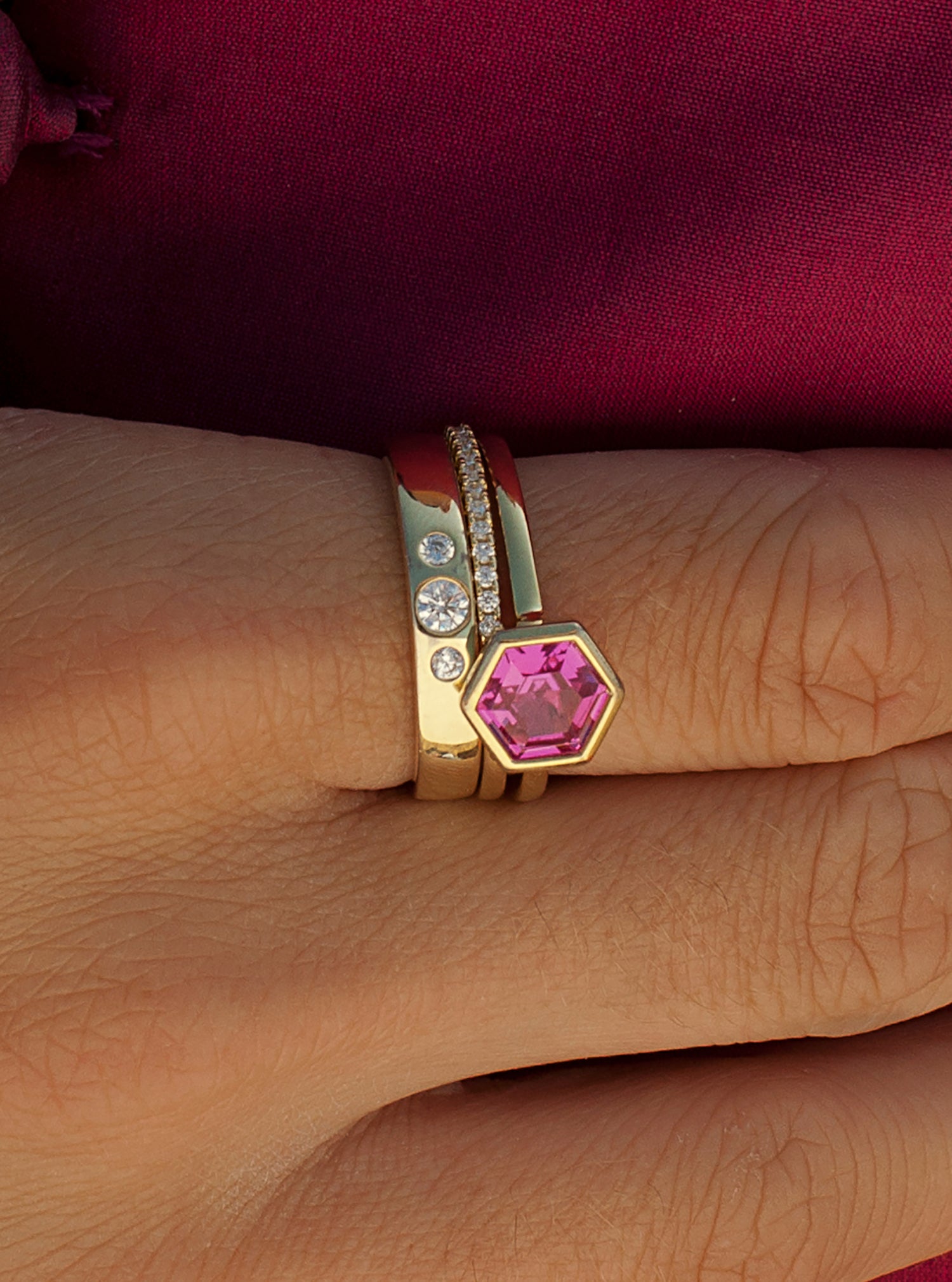Anillos finos multi diseño con circonitas y gema fucsia-LINEARGENT