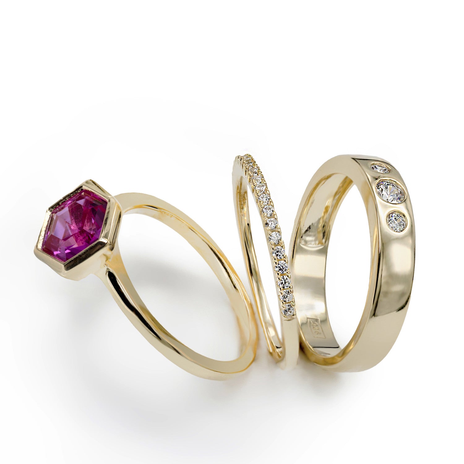 Anillos finos multi diseño con circonitas y gema fucsia-LINEARGENT