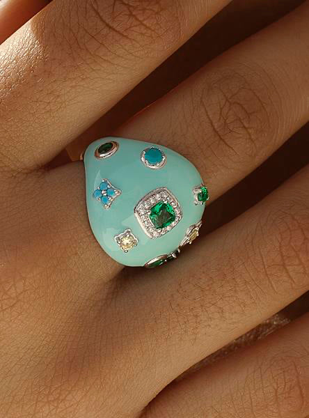 Anillos grandes diseño de esmalte azul y gemas de colores-LINEARGENT