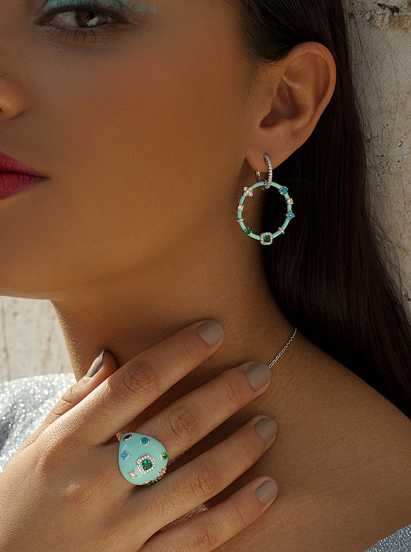 Rings Large design of varnish Blue and gems de colours