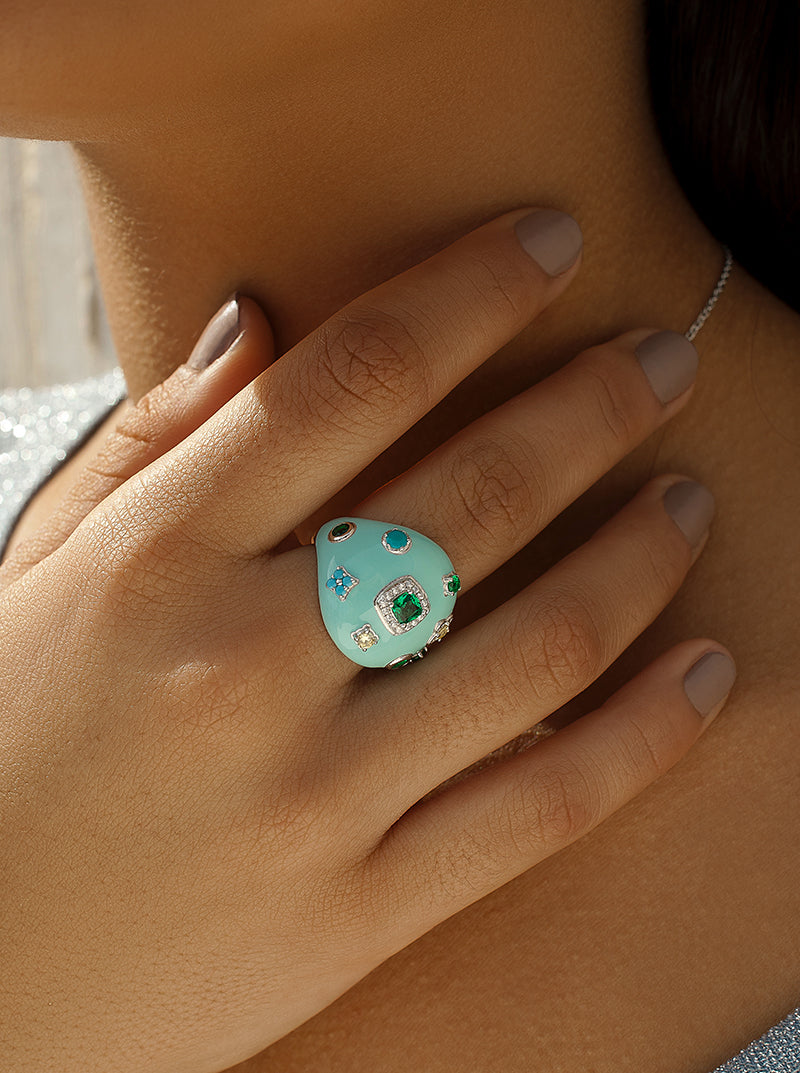 Rings Large design of varnish Blue and gems de colours