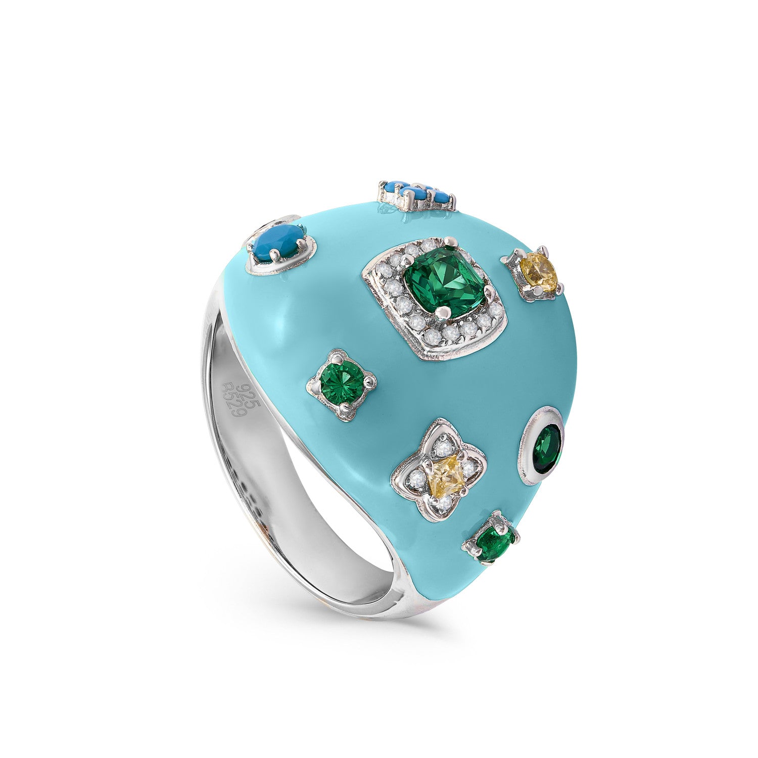 Anillos grandes diseño de esmalte azul y gemas de colores-LINEARGENT