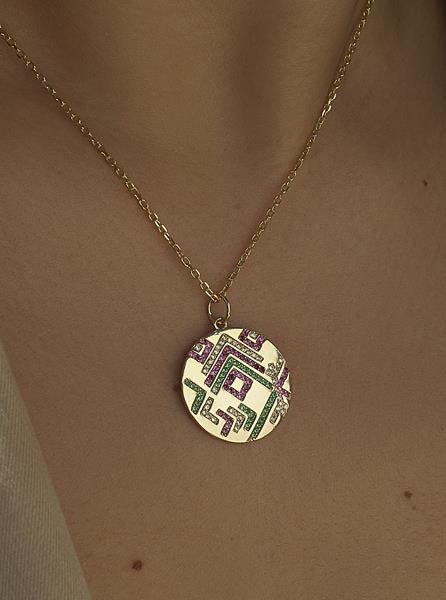 Collar medalla en dorado diseño mosaico multicolor-LINEARGENT