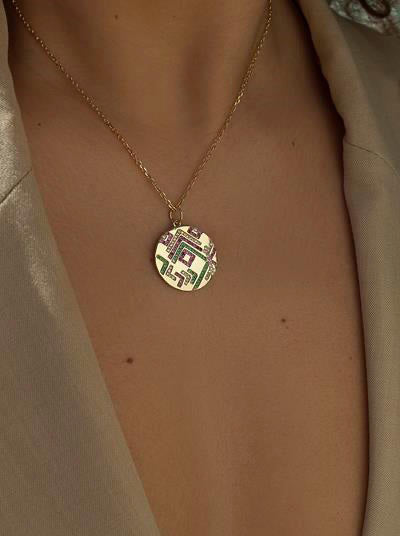 necklace medal in gold design multicolored mosaic