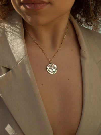 necklace medal in gold design multicolored mosaic