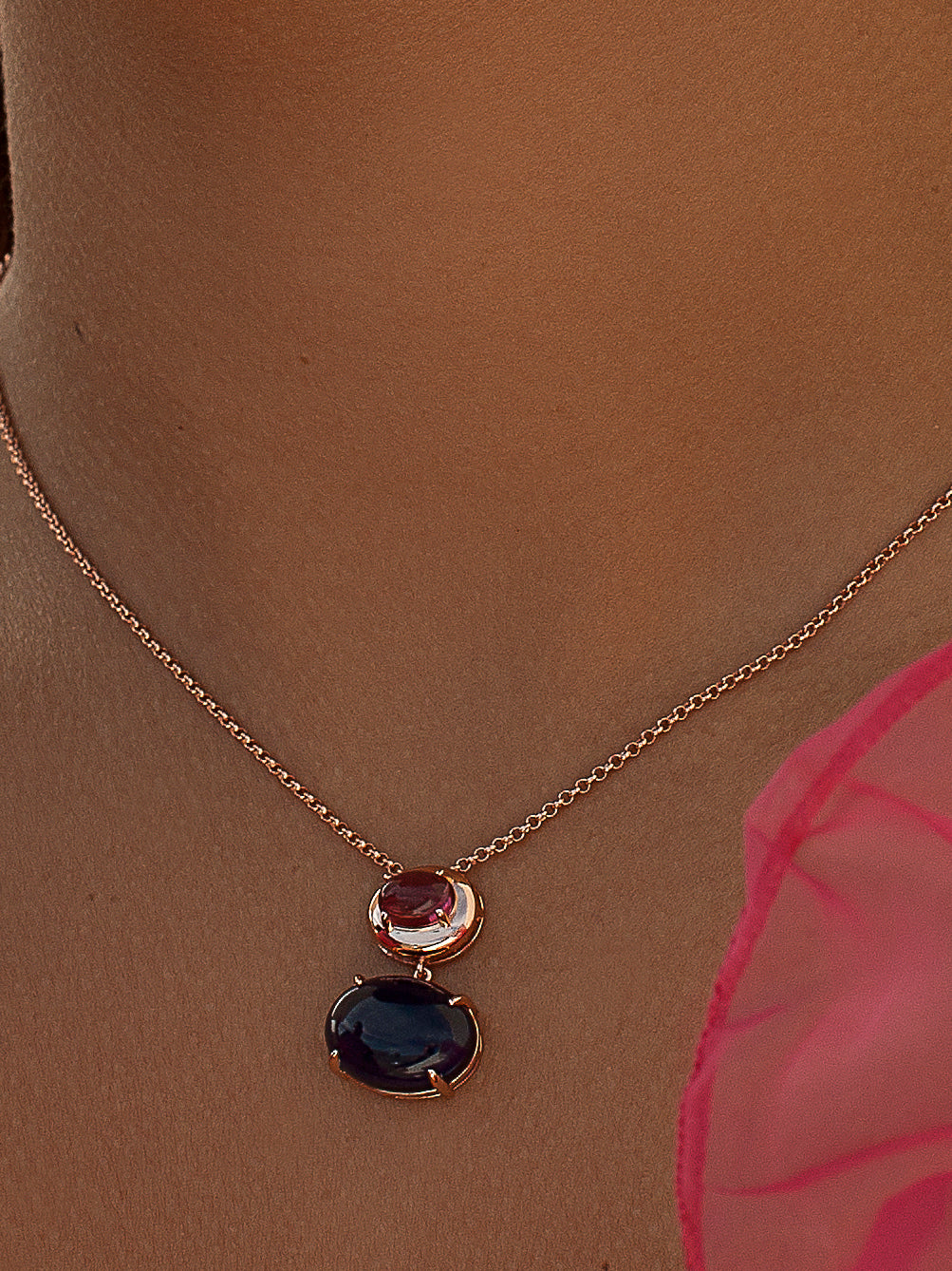 Collares con colgantes de plata con doble circonita azurita y fucsia-LINEARGENT