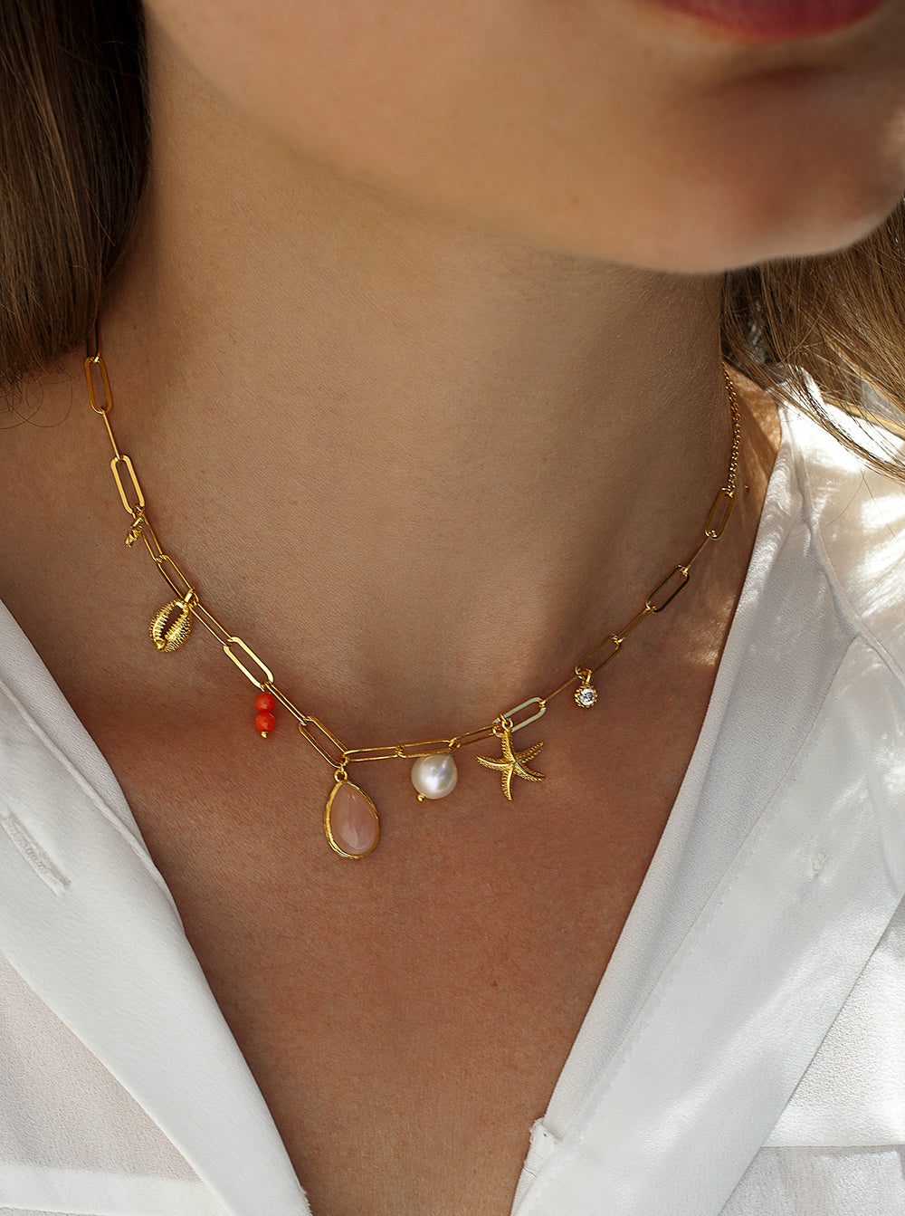 Collares con colgantes de plata con motivo marino rose quartz y coral-LINEARGENT