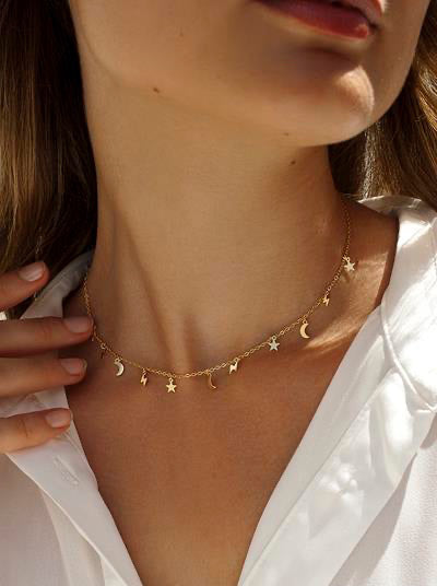 Collares con colgantes de plata diseño astral dorado de luna estrella rayo-LINEARGENT