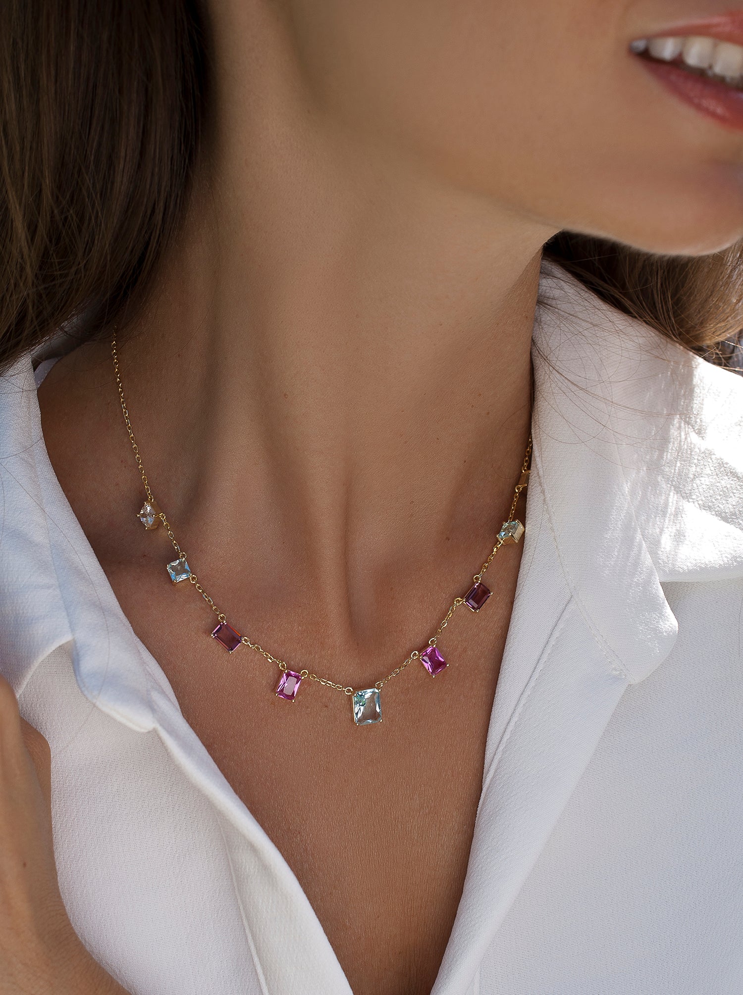 Collares con colgantes diseño piedras en tonos rosados-LINEARGENT