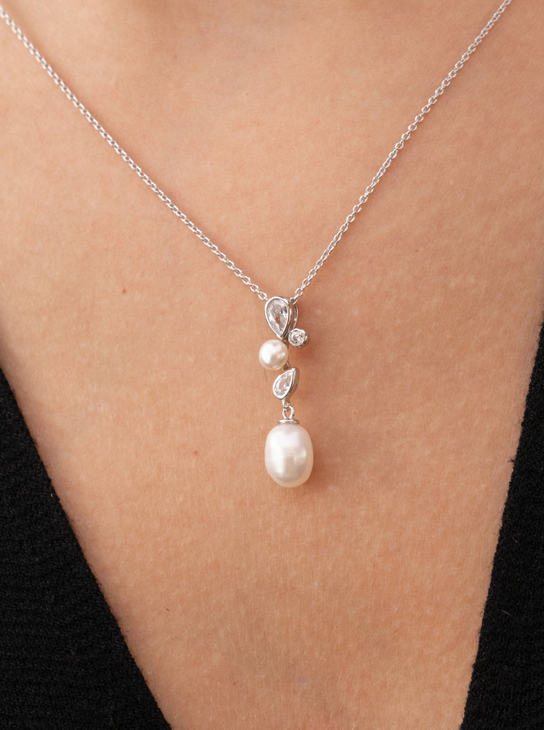 Collares con perla de plata estilo elegante con circonitas-LINEARGENT