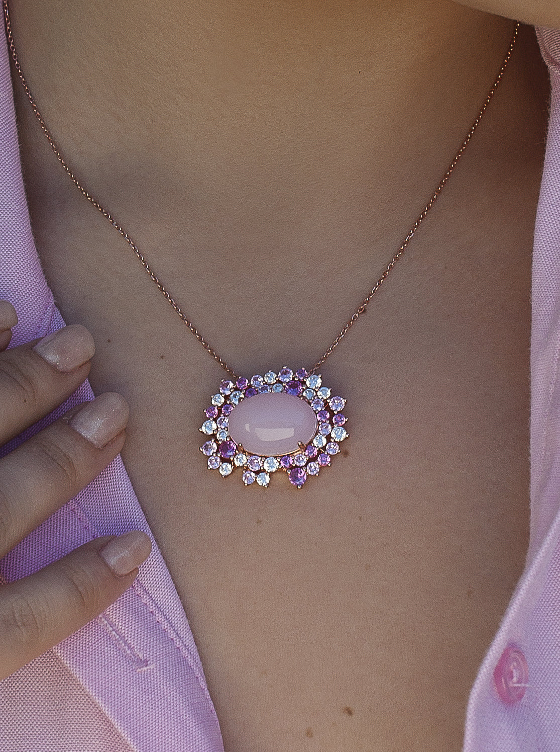 Collares con piedras motivo central rosado con circonitas-LINEARGENT