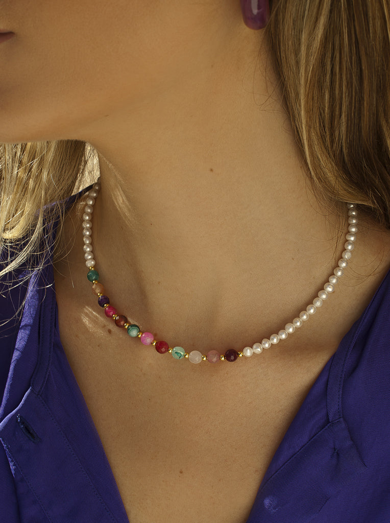 Collares cortos diseño perlas con piedras naturales-LINEARGENT