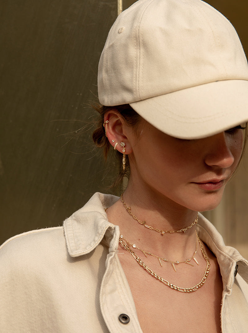 Ear cuff de plata bañada en oro diseño doble cadena colgante-LINEARGENT