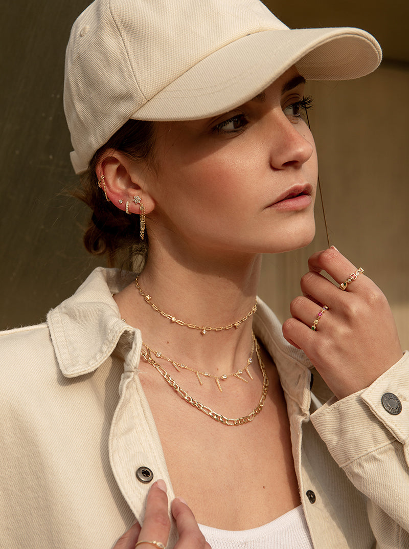 Ear cuff de plata bañada en oro diseño doble cadena colgante-LINEARGENT