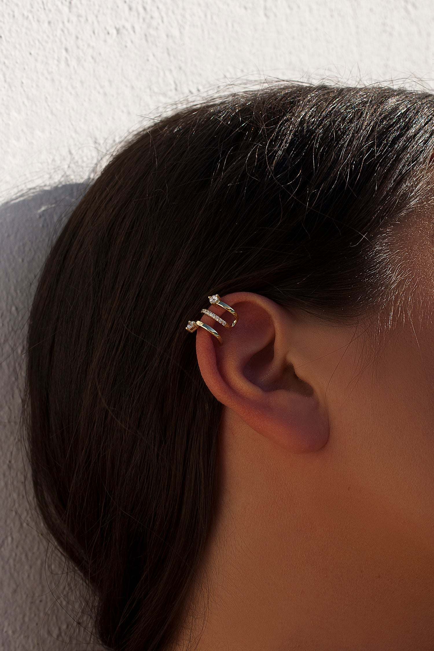 Ear cuff de plata diseño triple aro con circonita lateral-LINEARGENT