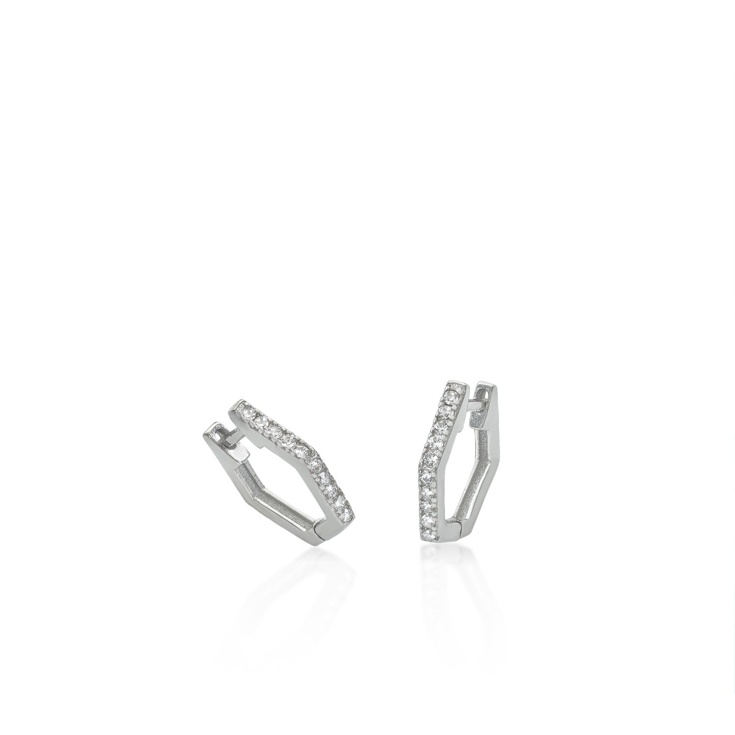 Pendientes aro de plata diseño hexagonal con circonitas-LINEARGENT