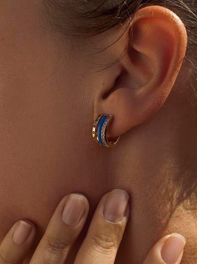 Pendientes aro pequeños diseño esmalte azul marino con circonita