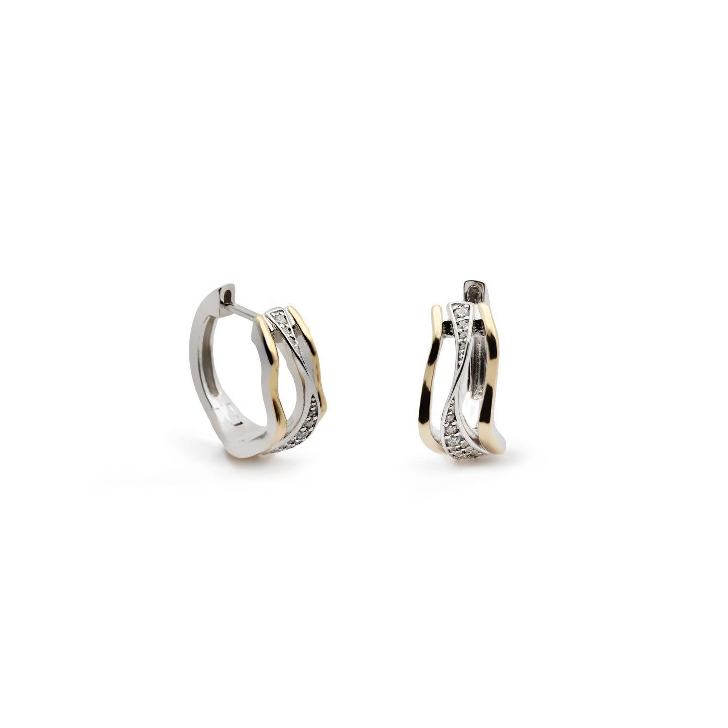 Boucles d'oreilles créole bicolore argent avec zircons design croisé