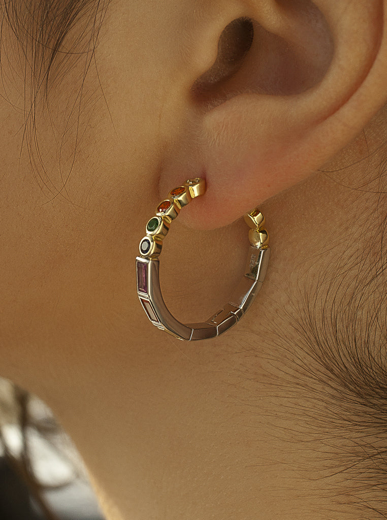 Pendientes aros bicolor con gemas multicolores-LINEARGENT