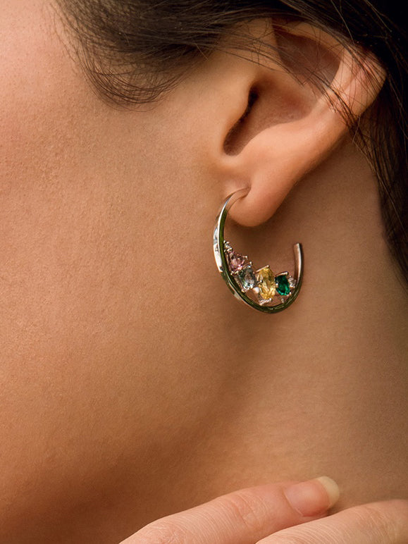 Pendientes aros con piedras mosaico multicolor y circonitas